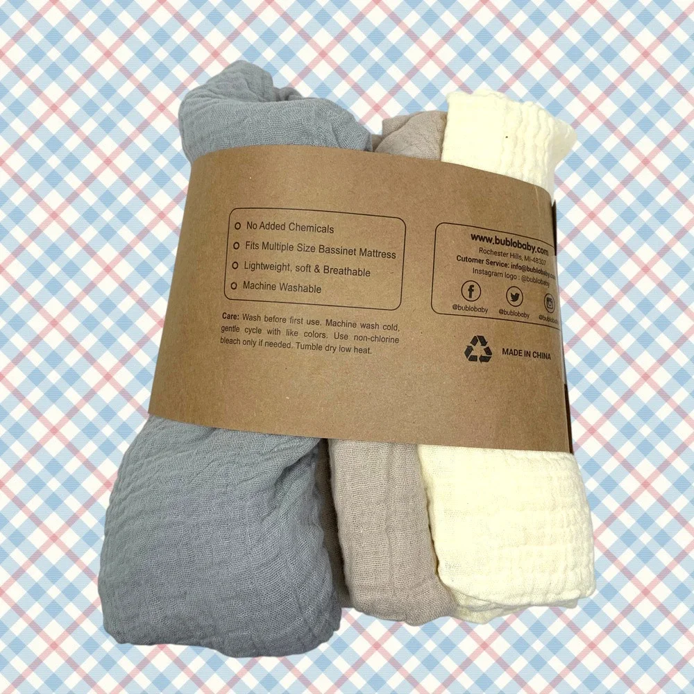 Bublo Baby Organic Muslin Cotton Bassinet Sheets 3 Pack Neutral Colors New